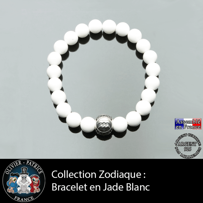 Bracelet en jade blanc et son signe astro en boule gravé 3 faces en argent