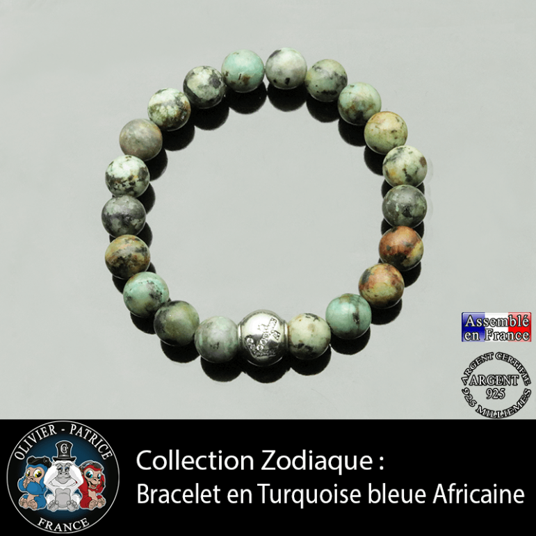 Bracelet turquoise bleue africaine et son signe astrologique boule zircon