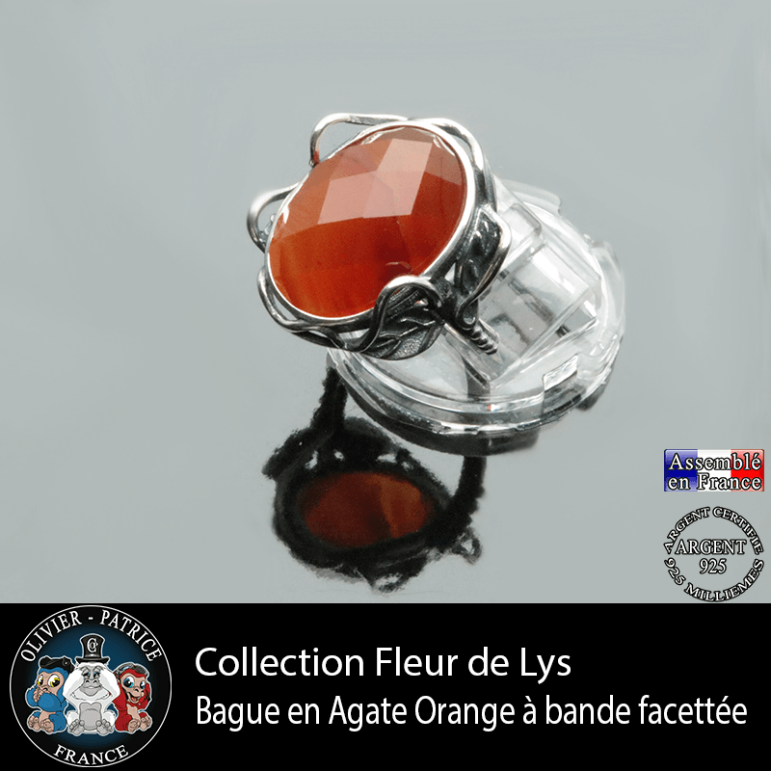 Bague Fleur de lys en agate à bandes orange à facettes et argent 925
