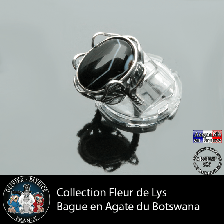 Bague Fleur de lys en agate du Botswana et argent 925