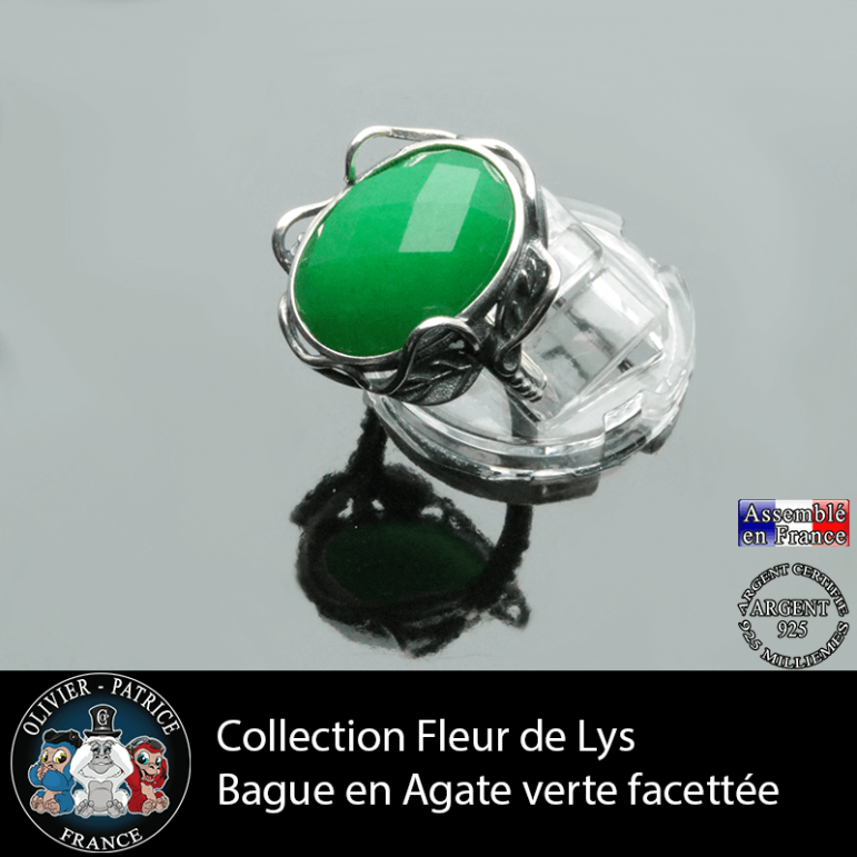 Bague Fleur de lys en en agate verte naturelle facettée et argent 925