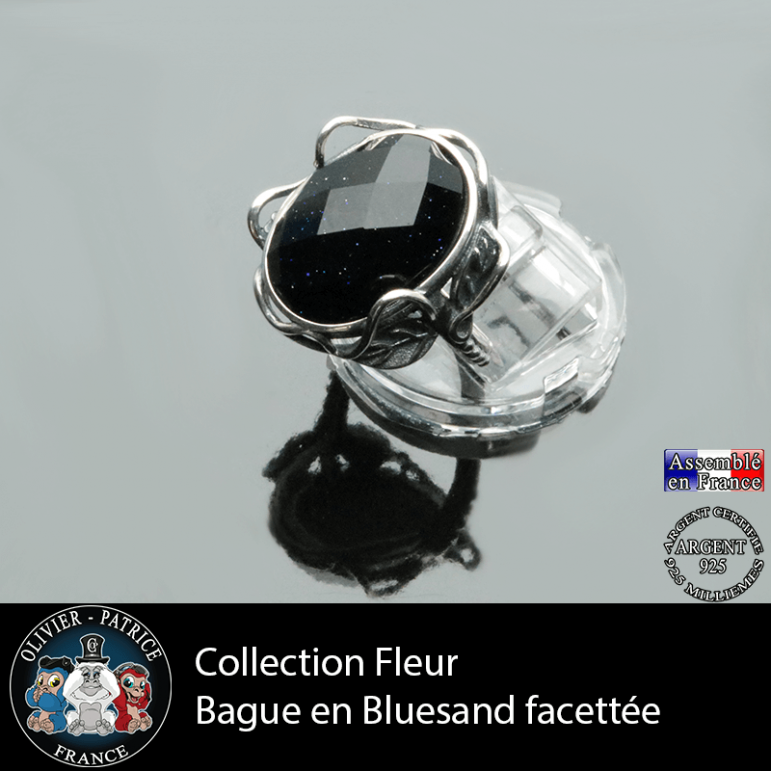 Bague Fleur de lys en pierre blue sand facettée et argent 925