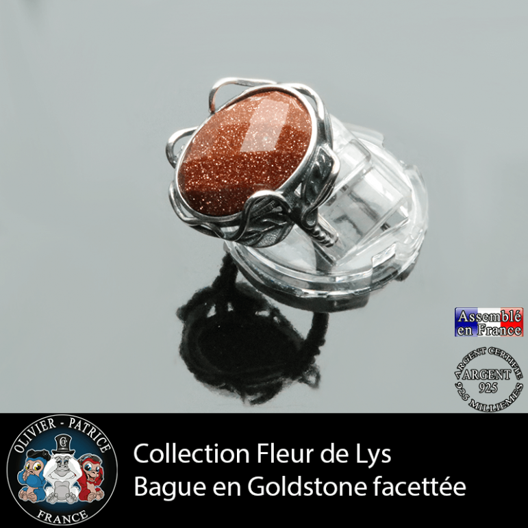 Bague Fleur de lys en goldstone facettée et argent 925