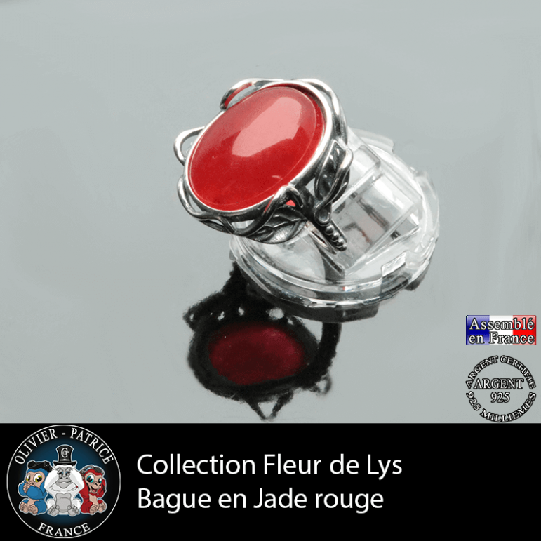 Bague Fleur de lys en jade rouge naturel et argent 925