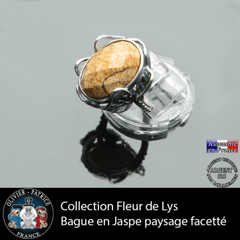 Bague Fleur de lys en jaspe paysage facettée et argent 925