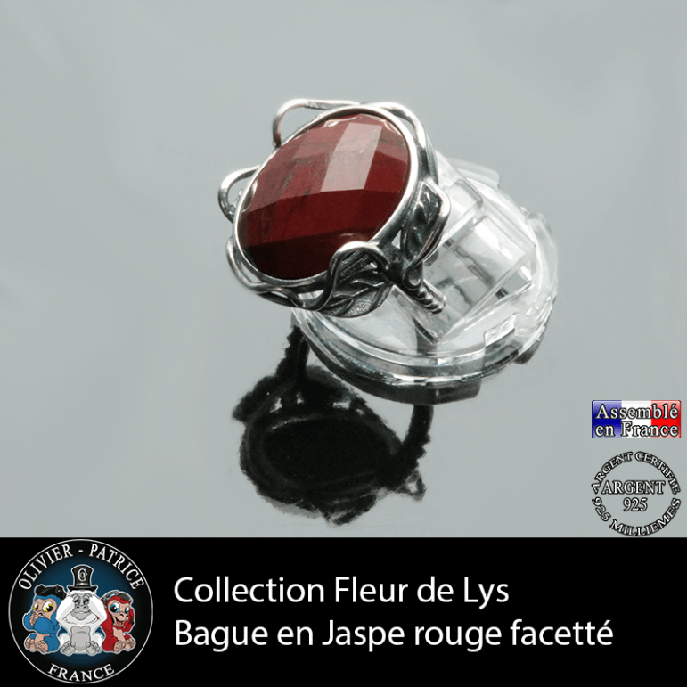 Bague Fleur de lys en jaspe rouge facettée et argent 925