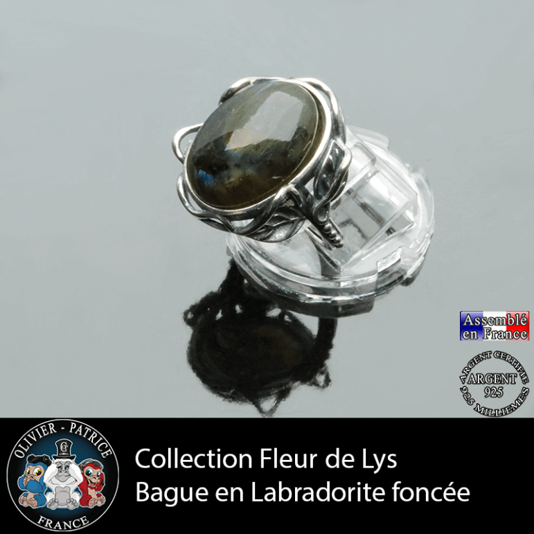 Bague Fleur de lys en labradorite foncée et argent 925