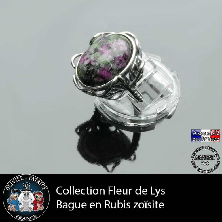 Bague Fleur de lys en rubis zoïsite et argent 925