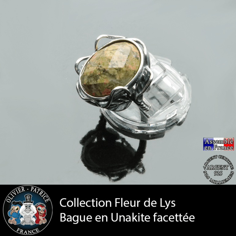 Bague Fleur de lys en unakite et argent 925
