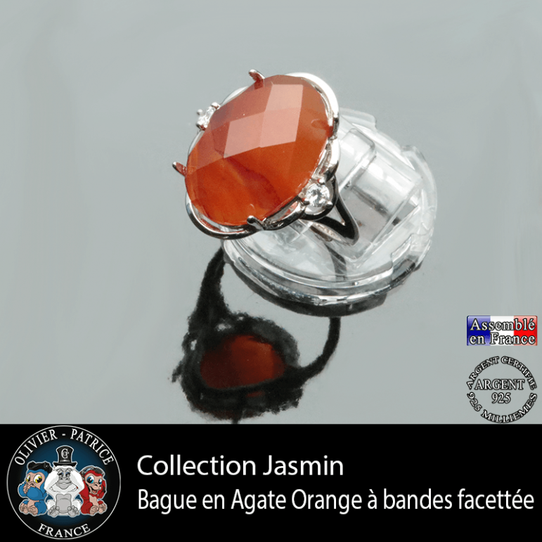 Bague Jasmin en agate à bandes orange et argent 925
