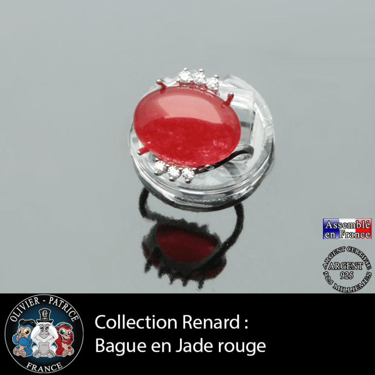 Bague collection Renard en jade rouge naturel et argent 925