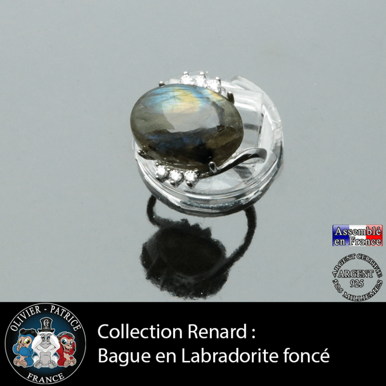 Bague Renard en pierre naturelle labradorite foncée et argent 925