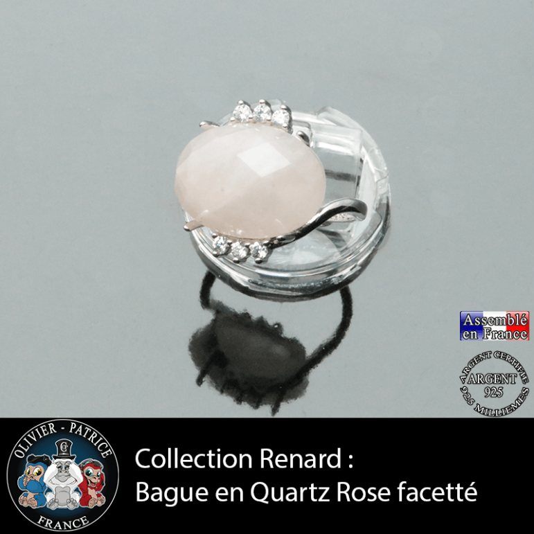 Bague Renard en pierre naturelle quartz rose facetté et argent 925