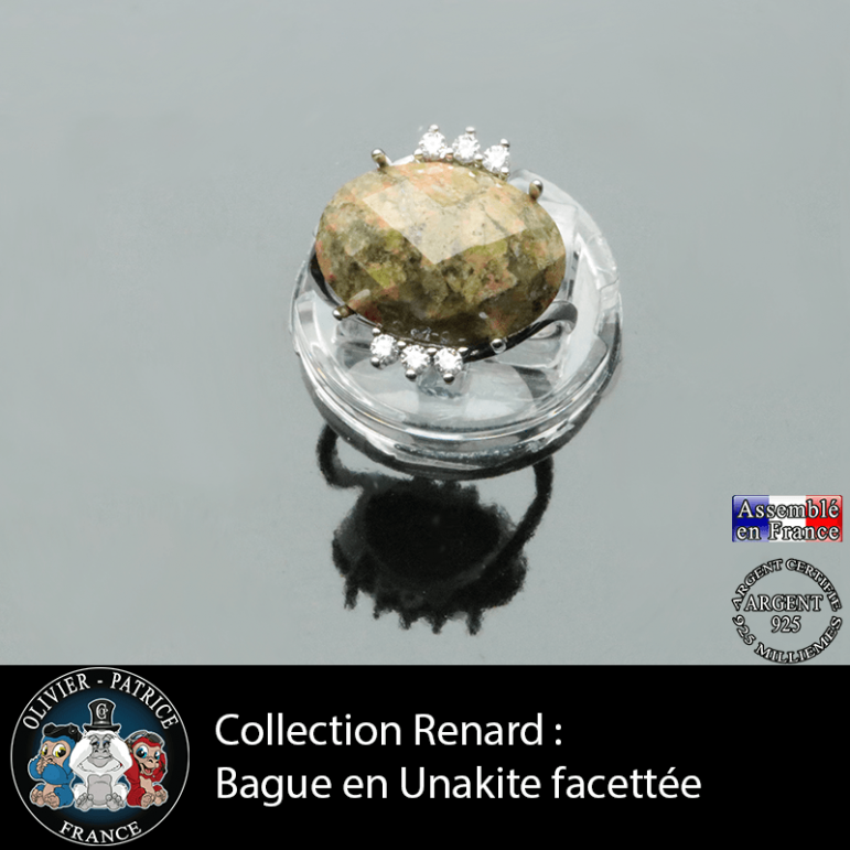 Bague collection Renard en unakite naturelle facettée et argent 925