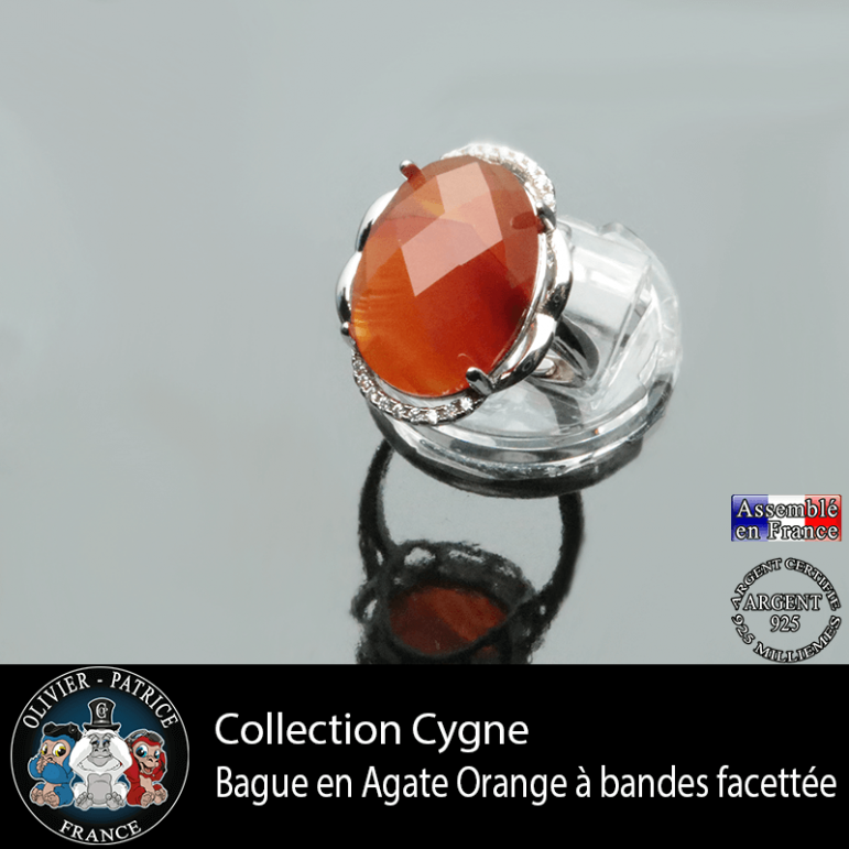 Bague Cygne en agate à bandes orange et argent 925