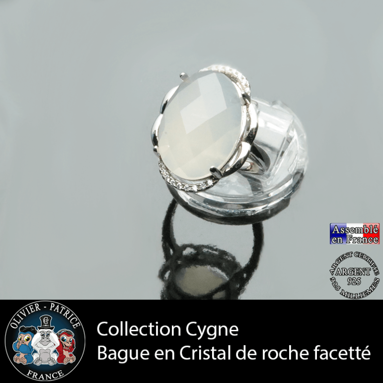 Bague Cygne en cristal de roche facetté et argent 925