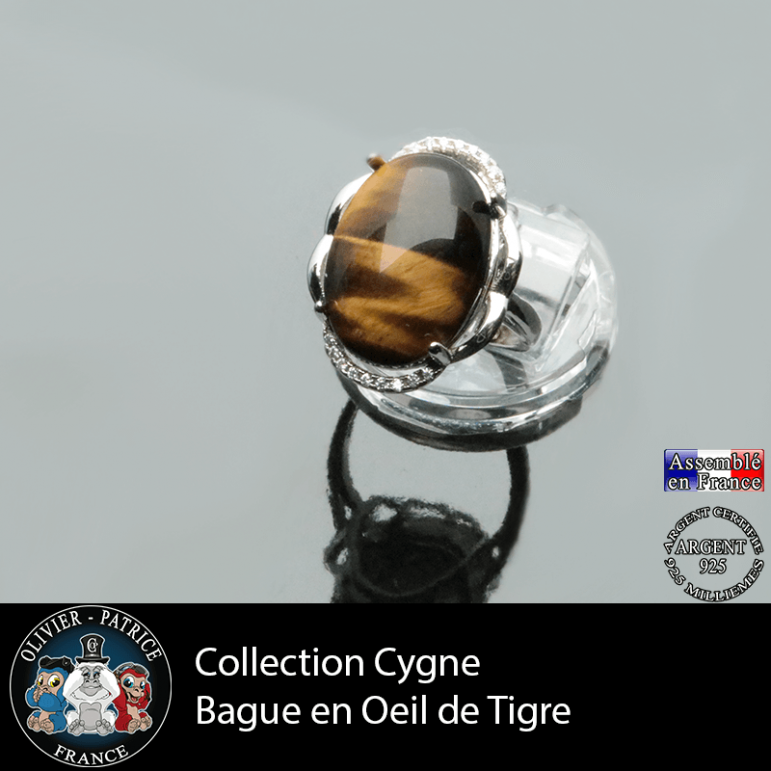 Bague Cygne en oeil de tigre lisse et argent 925