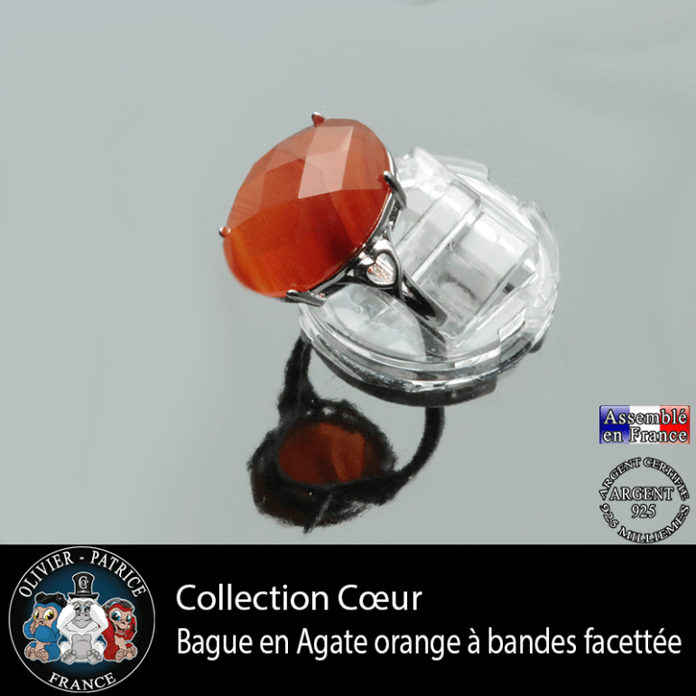 Bague Coeur en agate à bandes orange et argent 925