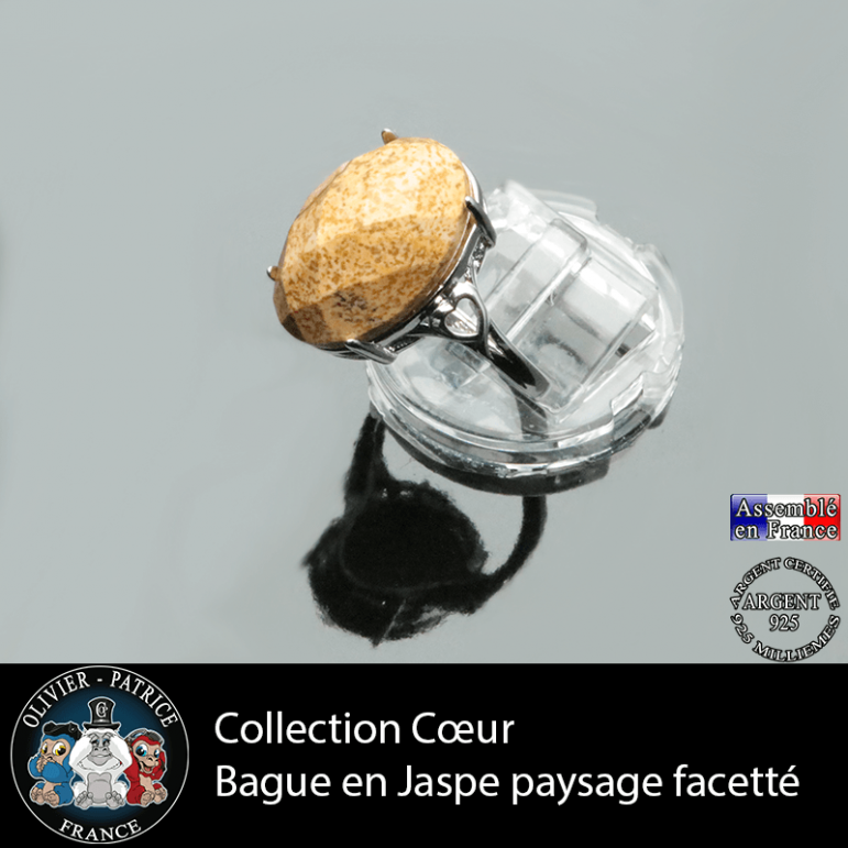 Bague Coeur en jaspe paysage facetté et argent 925