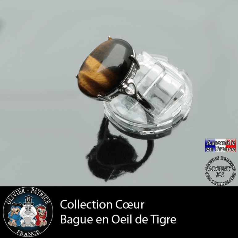 Bague Coeur en oeil de tigre lisse et argent 925