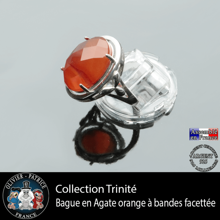 Bague Trinité en agate à bandes orange et argent 925