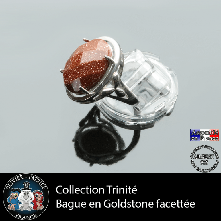Bague Trinité en goldstone facettée et argent 925