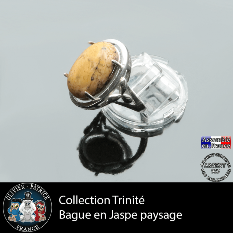 Bague Trinité en jaspe paysage lisse et argent 925