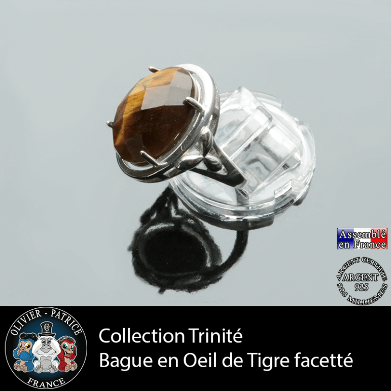Bague Trinité en oeil de tigre à facettes et argent 925