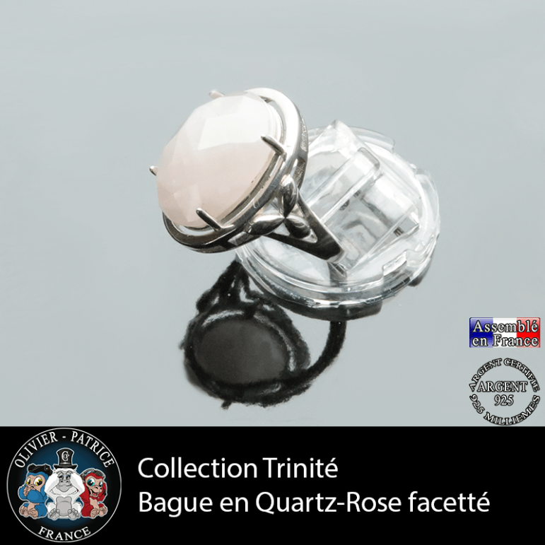Bague Trinité en quartz rose facetté et argent 925