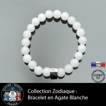 Bracelet agate blanche et son signe tube astrologique en argent 925