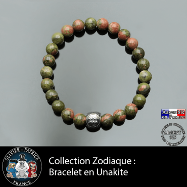 Bracelet unakite naturelle et son signe astrologique gravé sur boule 3 faces