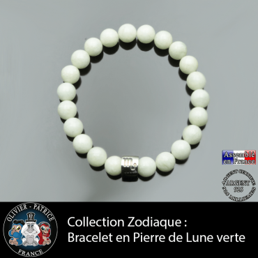 Bracelet pierre de lune verte et son signe astrologique en argent 925 tube