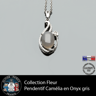 Pendentif Camélia collection fleur en onyx gris et argent 925
