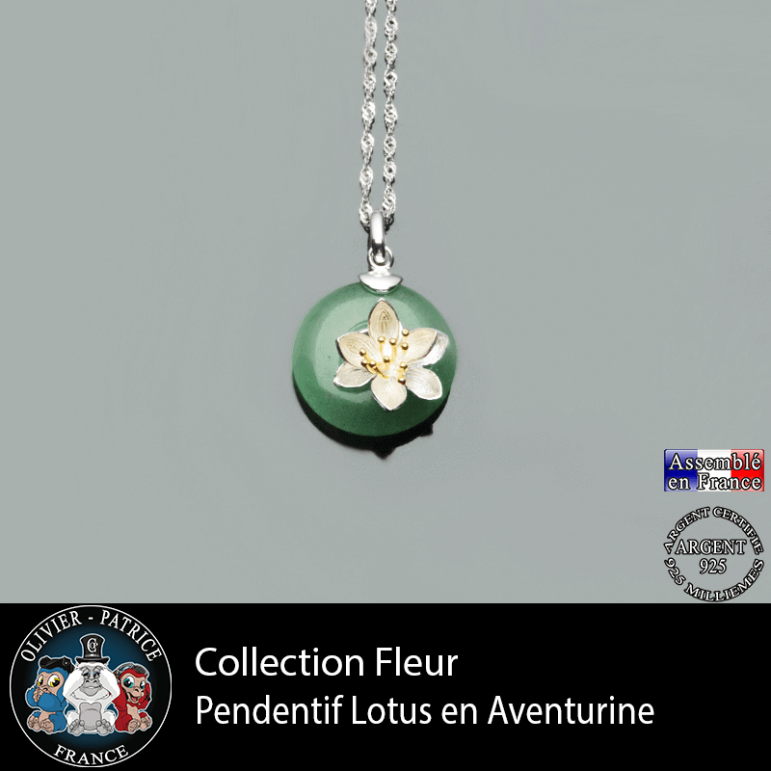Collection fleur : pendentif lotus en aventurine verte