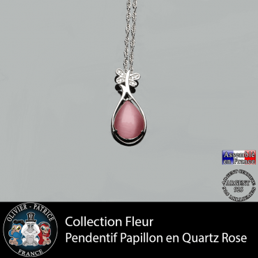 Collection fleur ; le pendentif papillon en quartz rose naturel et argent 925