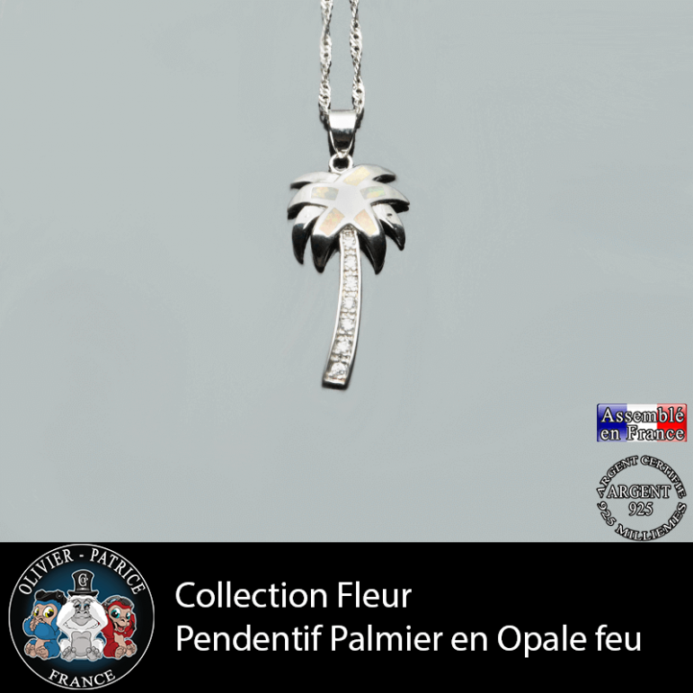 Collection fleur ; pendentif palmier en argent 925 et pierre naturelle opale feu
