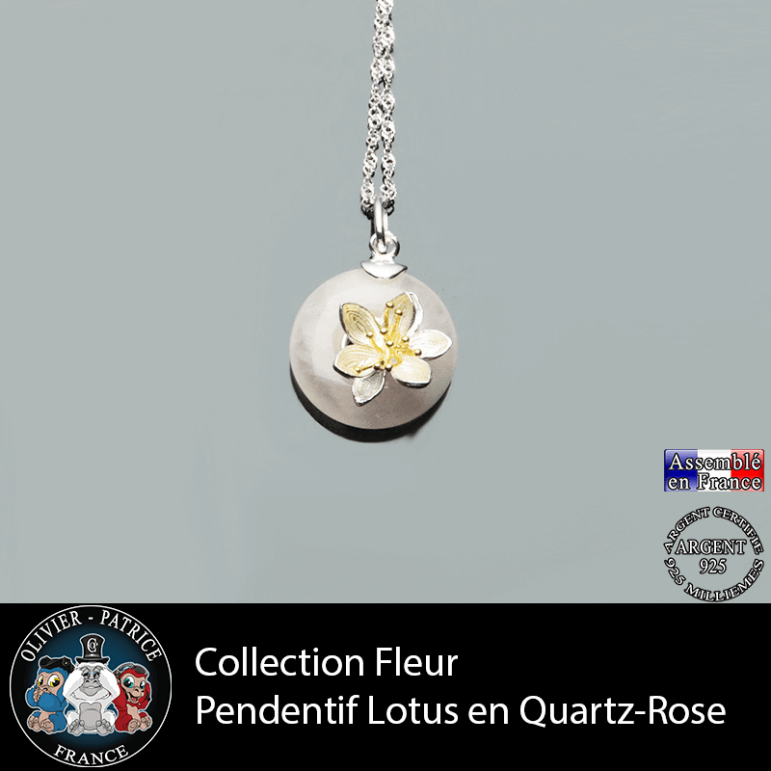 Collection fleur ; pendentif fleur de lotus en quartz rose naturel et argent 925