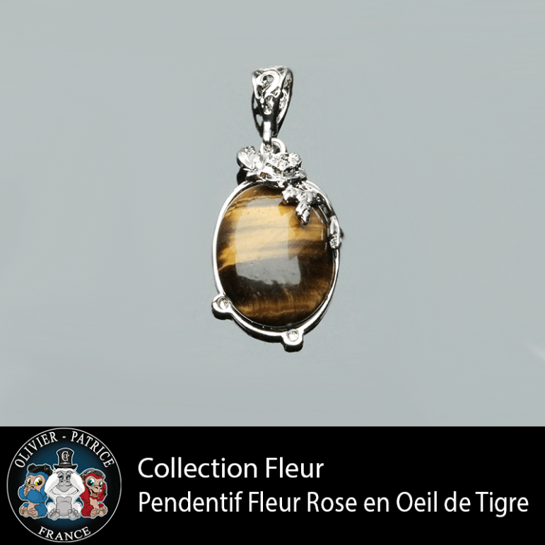 Pendentif fleur rose en oeil de tigre naturel
