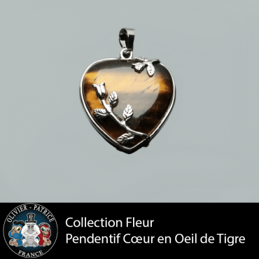 Collection fleur ; pendentif coeur en oeil de tigre naturel