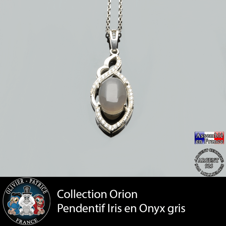 Collection Orion : Pendentif Iris en onyx gris et argent 925