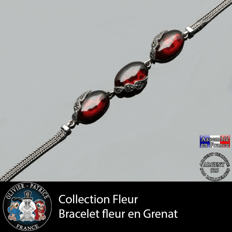 Bracelet fleur en grenat naturel et en argent 925 de la collection fleurs