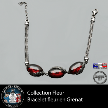 Bracelet 3 pierres naturelles grenat et argent 925 de la parure fleurs