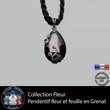 Collection fleur : pendentif de la parure en argent 925 et pierre de grenat