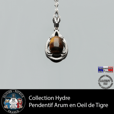 Collection Hydre : Pendentif Arum en oeil de tigre naturel et argent 925