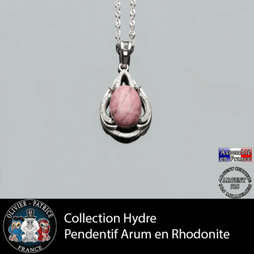 Collection Hydre : Pendentif Arum en rhodonite naturel et argent 925