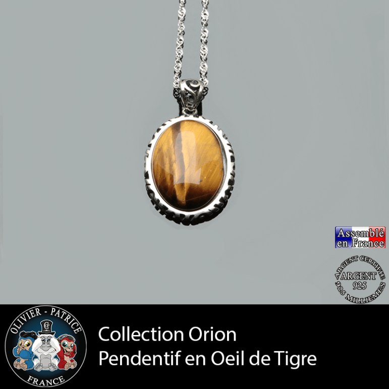 Collection Orion : Pendentif oeil de tigre naturel et argent 925