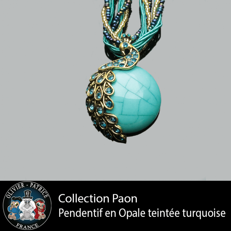 Pendentif paon opale bleue turquoise en alliage