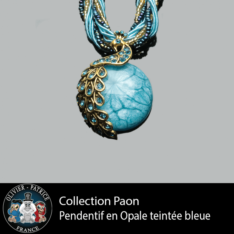 Pendentif paon opale bleue ciel en alliage