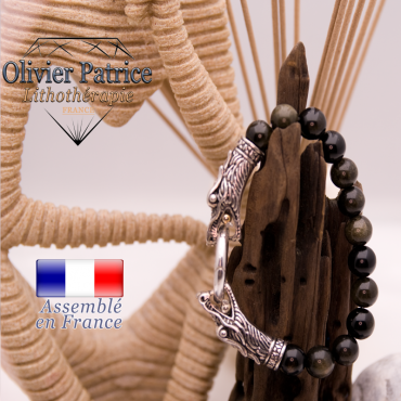 Bracelet en obsidienne dorée avec tête de dragon pour homme