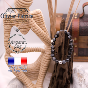 Bracelet obsidienne neige et boule en argent 925 - 8 mm
